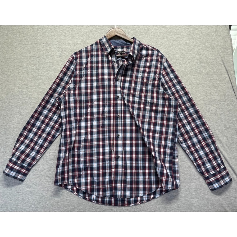 George Shirt Mens Large (42-44) Dark Navy Red Plaid Cotton Collared Button Down